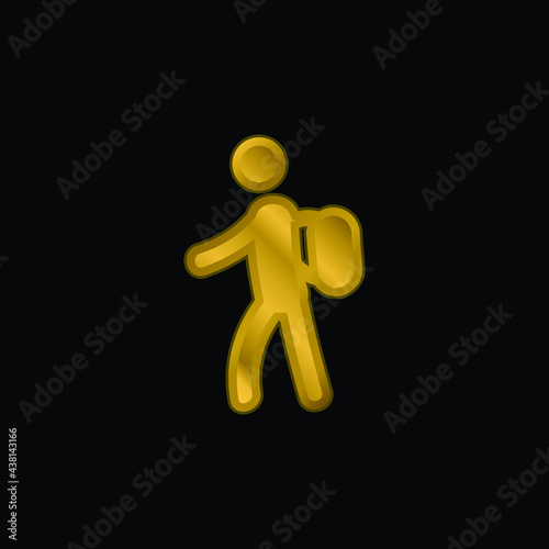 Backpacker gold plated metalic icon or logo vector