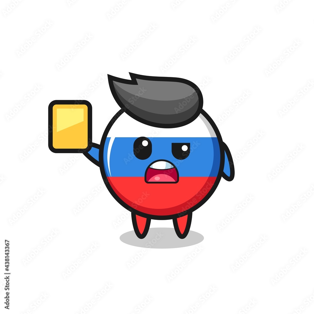 cartoon russia flag badge character as a football referee giving a yellow card