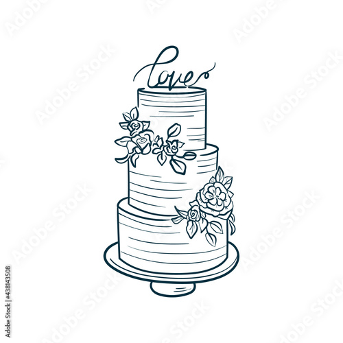 Wedding cake trending vector illustration. Linear art. Icon for wedding agencies, photographers, law shops, florists, pastry shops