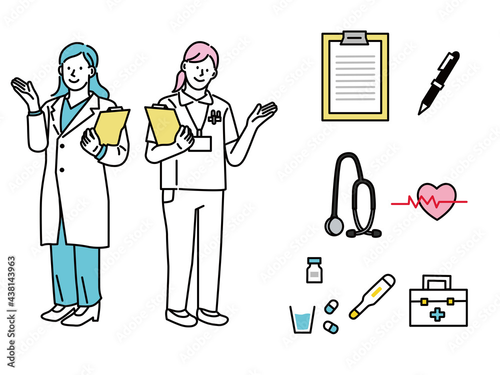 解説するお医者さんとナースのイラスト 医学 医療 サポート 知識 説明 診察 安心 マスク 患者 病気 予防 看護師 処方箋 Illustrations Of Doctors Medical Support Knowledge Explanation Examination Relief Expert Patient Disease Stock Vector