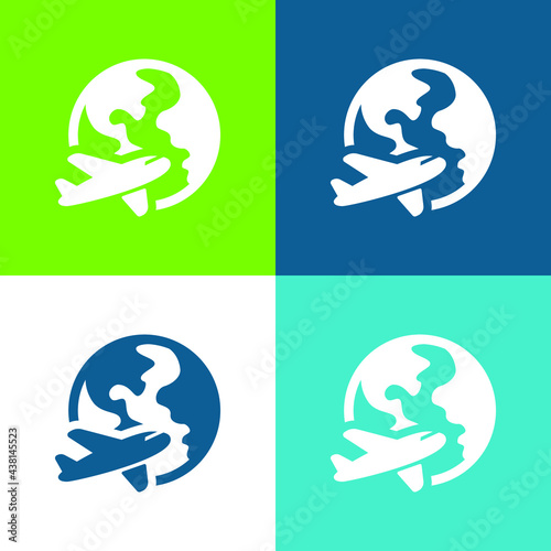 Airplane Around Earth Flat four color minimal icon set