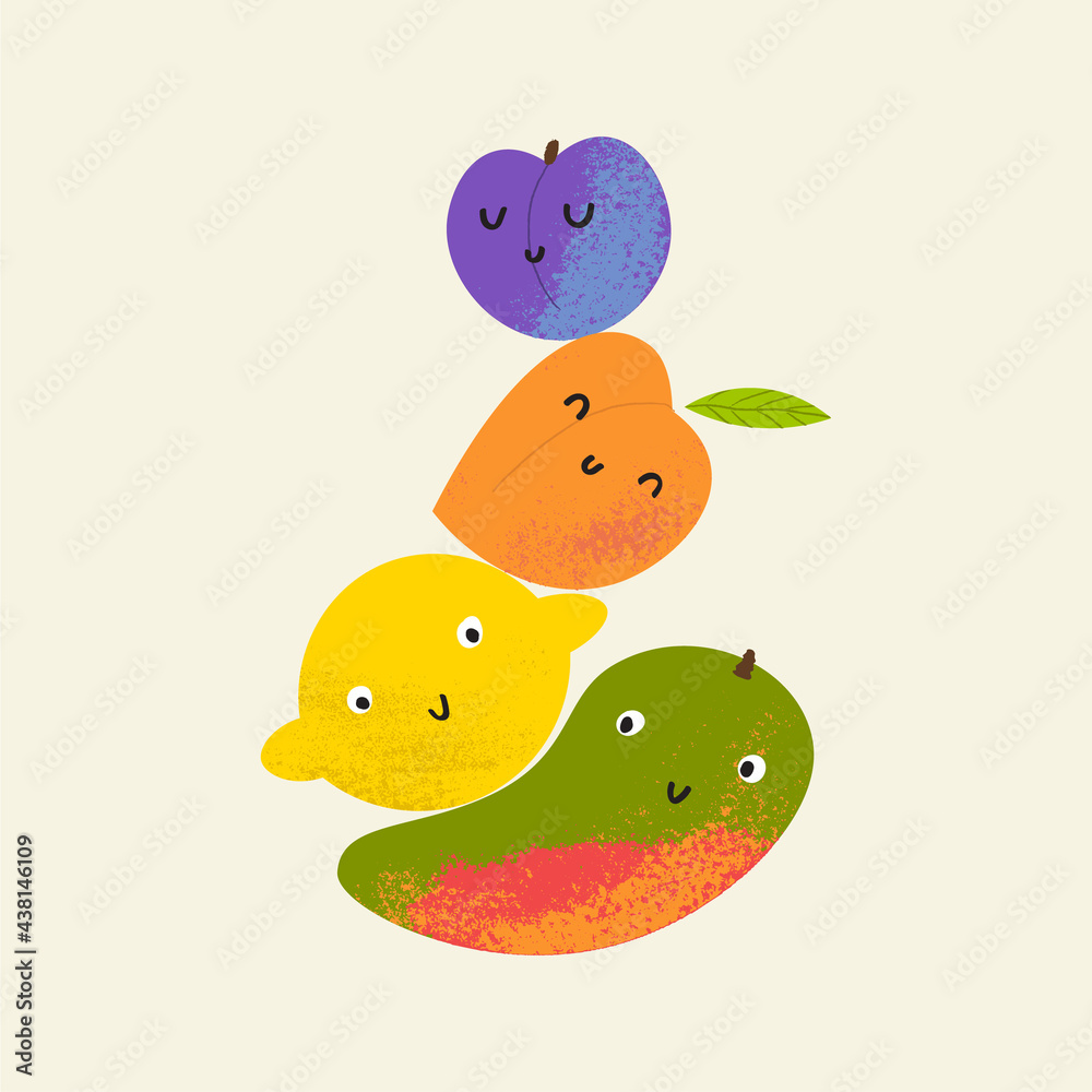 Fruit balance composition. Cute cheerful characters: mango, lemon, peach, plum. Healthy food concept with flat hand drawn textured illustration. Summer juice print for tote bag, poster or t-shirt. Fruit balance composition. Cute cheerful characters: mango, lemon, peach, plum. Healthy food concept with flat hand drawn textured illustration. Summer juice print for tote bag, poster or t-shirt.