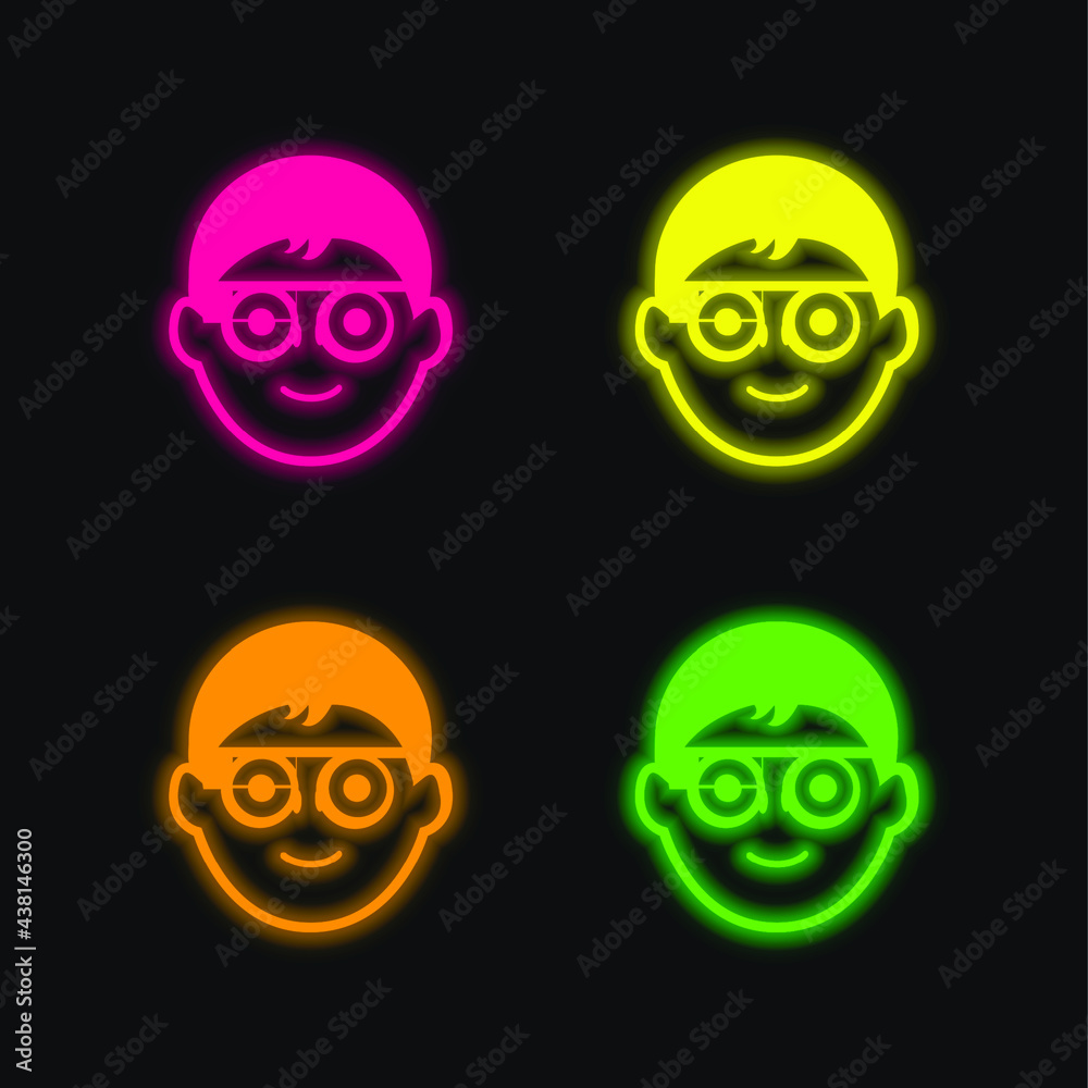 Boy Face With Circular Eyeglasses And Google Glasses four color glowing neon vector icon Boy Face With Circular Eyeglasses And Google Glasses four color glowing neon vector icon