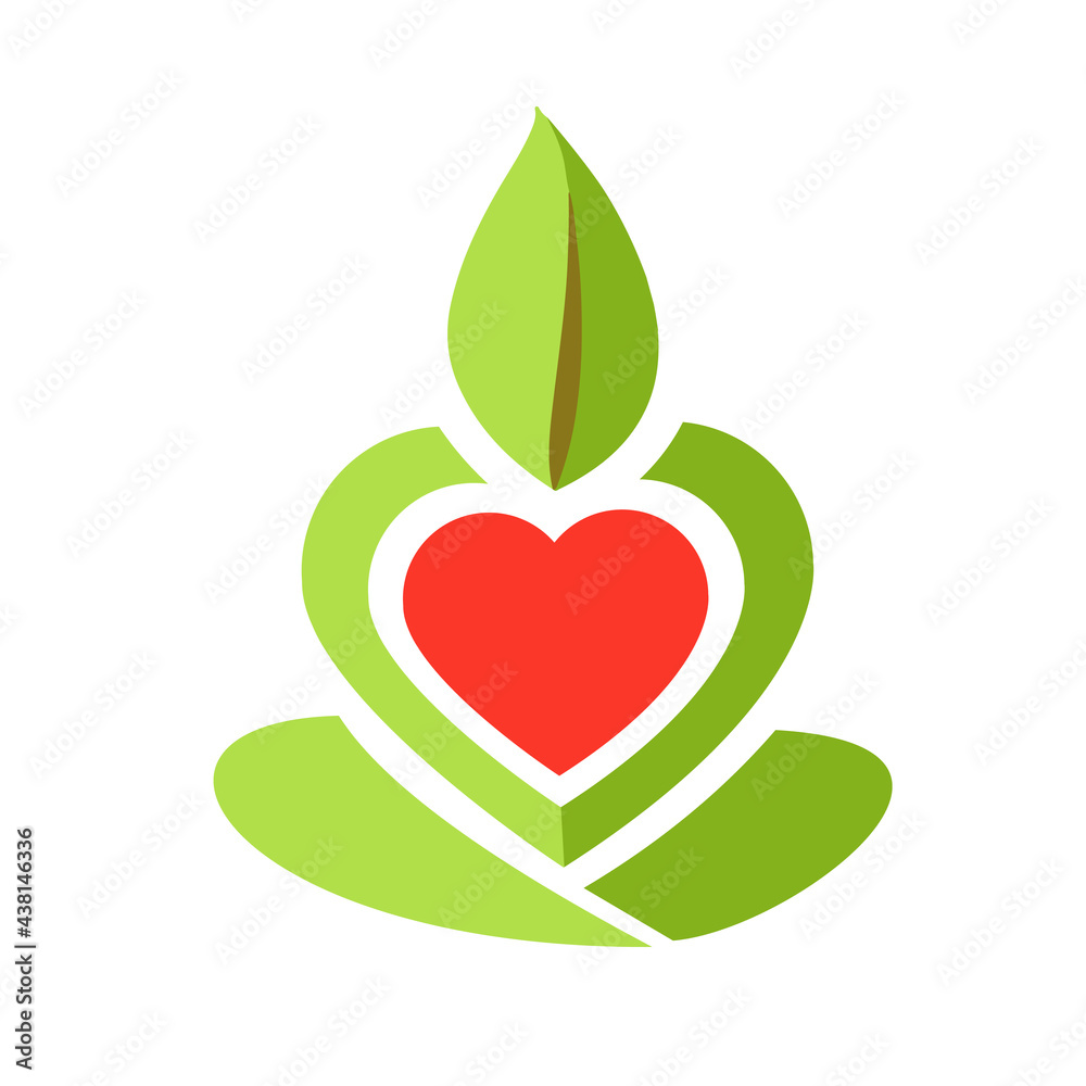 Yoga lotus pose logo with love and leaf icon isolated on white background Yoga lotus pose logo with love and leaf icon isolated on white background