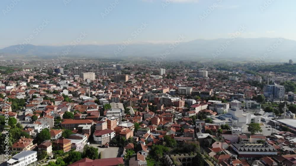 A panoramic drone view of the city of Skopje in northern Macedonia. Densely built houses in Skopje. Fly over a city in Macedonia. A panoramic drone view of the city of Skopje in northern Macedonia. Densely built houses in Skopje. Fly over a city in Macedonia.