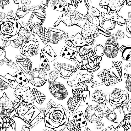 Wonderland seamless pattern. Black cartoon doodles hand drawn detailed, with lots of objects background. Flowers, white rabbit, cards, mushroom. Texture for fabric, wallpaper, decorative print
