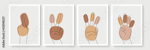 Abstract geometric, natural hand gesture Monoline shapes poster set in mid century style. Contemporary minimalist backgrounds modern boho style. Mid century wall decor, vector art print