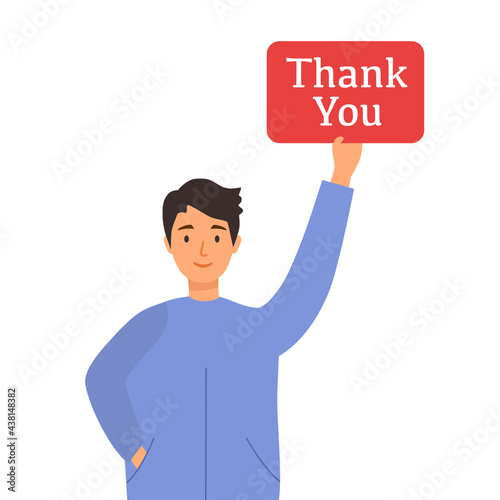 Young man holding thank you text sign in flat design on white background. Gratitude and thankful concept.