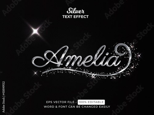 Silver text effect style. Editable text effect script font type with glitter ornament.