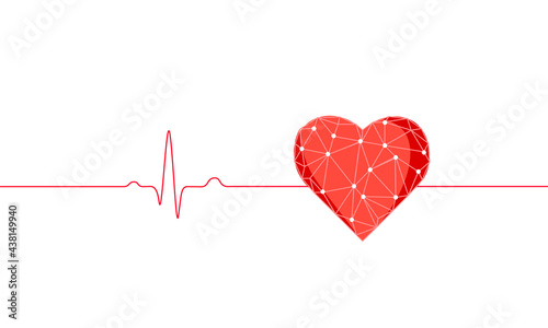 Healthy human heart beats 3d medicine model low poly. Triangle connected dots glow point red background. Pulse internal body modern anatomical shape innovative technology render vector illustration