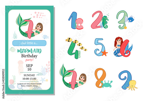 Numbers With Marine Life Vector Set. Beautiful element for Mermaid Birthday Party design, invitation, greeting card and cake toppers.