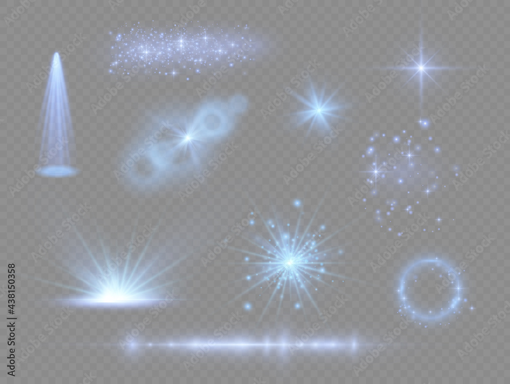 Blue light effect, spotlights, flare, dust, stars. Blue light effect, spotlights, flare, dust, stars.