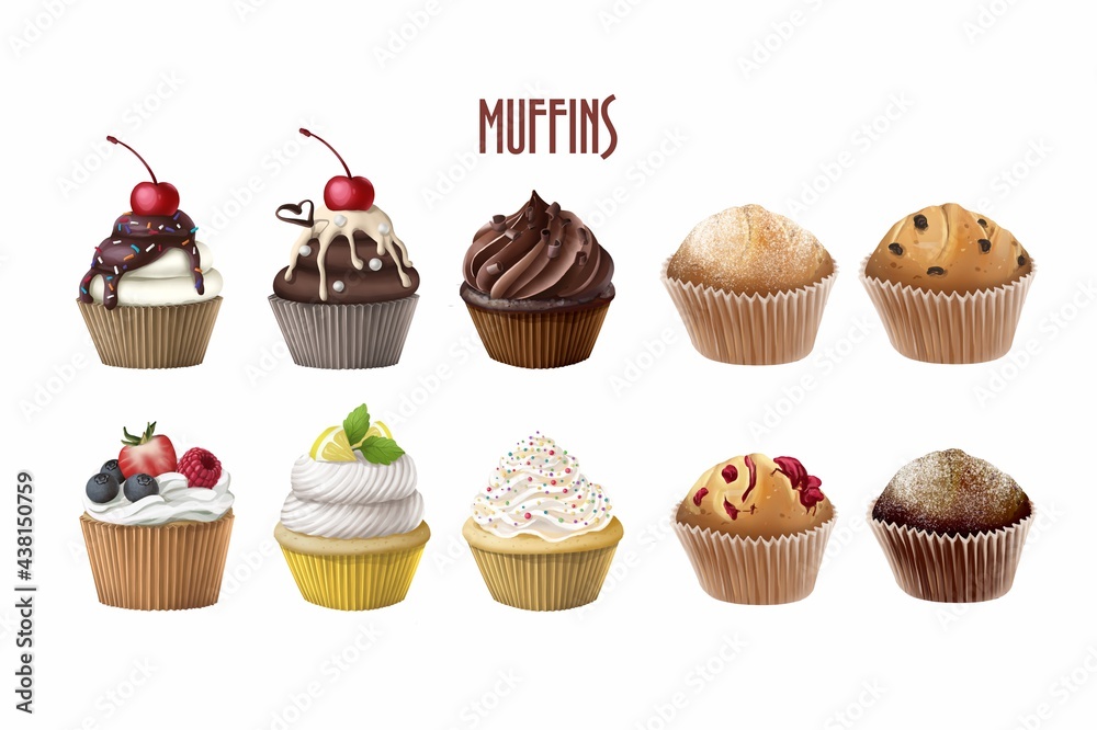 Collection of drawn cupcakes with cream, raisins, chocolate Collection of drawn cupcakes with cream, raisins, chocolate