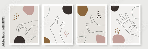 Abstract hand gesture Monoline bohemian poster set. Contemporary minimalist backgrounds modern boho style. Mid century wall decor, vector art print