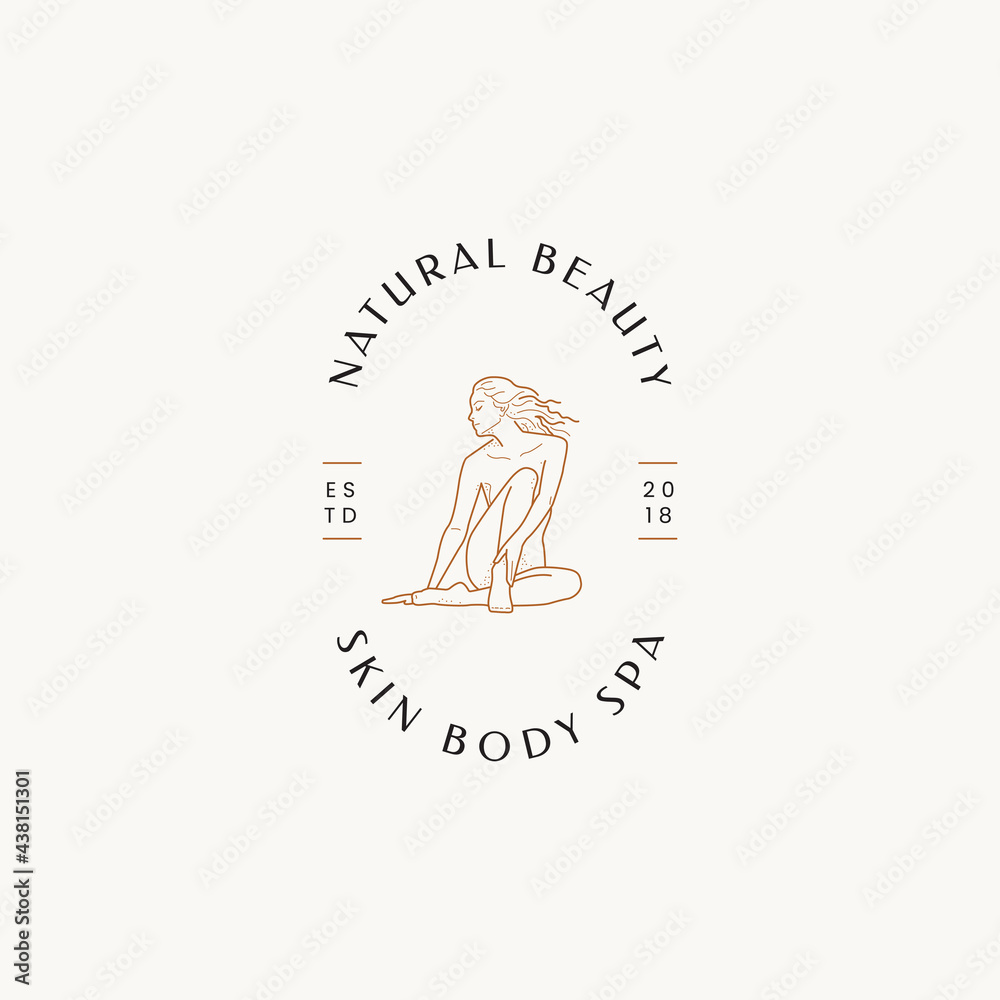 Fototapeta premium Hand drawn line art beauty vector logo design template. Illustration of elegant signs and badges for beauty, natural and organic products, cosmetics, spa and wellness, fashion, wedding and jewelry. 