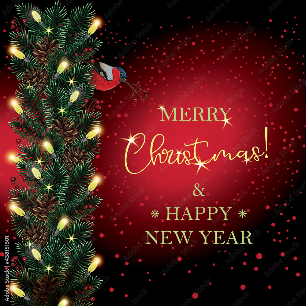 New Year's wreath, LED garland, frame, edging from branches of a Christmas tree with cones and rose hips with the inscription Merry Christmas! New Year's wreath, LED garland, frame, edging from branches of a Christmas tree with cones and rose hips with the inscription Merry Christmas!