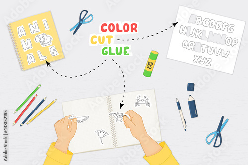 Color cut glue paper game for preschool children development. Cut Alphabet cards parts of the image, color, glue on the paper. Vector illustration presentation with arms and notebook, top view