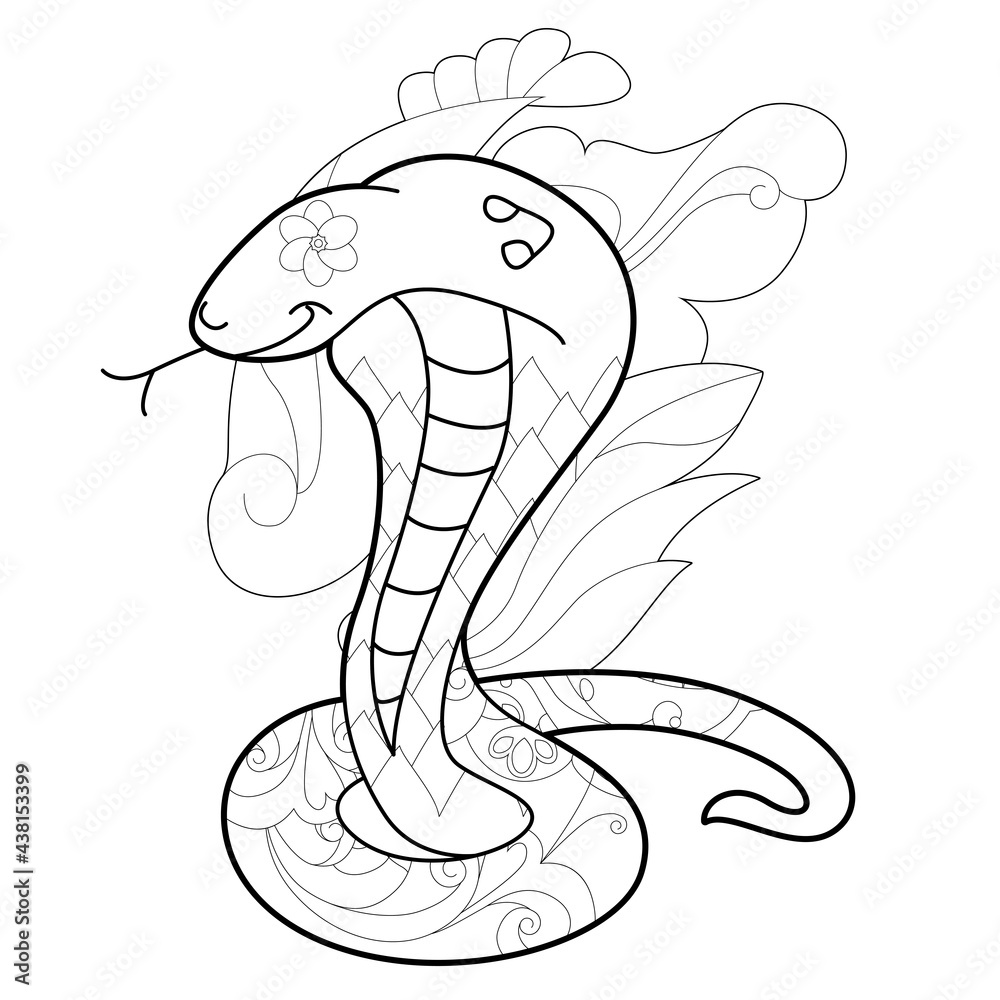Fototapeta premium Contour linear illustration with snake for coloring book. Cute cobra, anti stress picture. Line art design for adult or kids in zentangle style and coloring page.