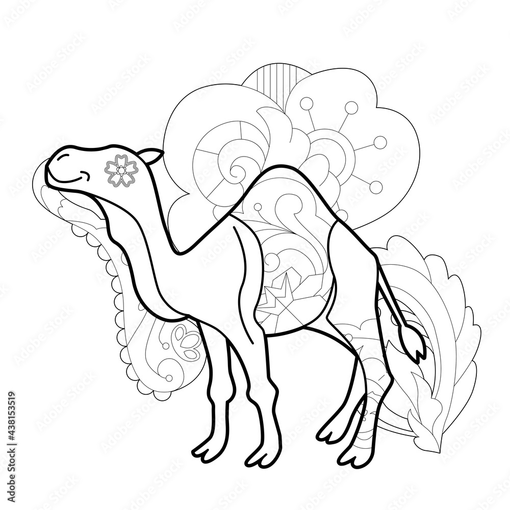 Contour linear illustration with animal for coloring book. Cute camel, anti stress picture. Line art design for adult or kids  in zentangle style and coloring page.