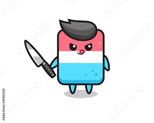 cute eraser mascot as a psychopath holding a knife