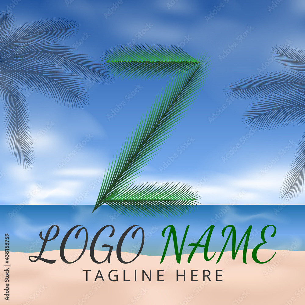 Letter Z Logo Simbols Green tropical coconut leaf with creative summer concept and Beach Background 