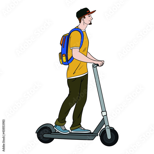 young man rides an electric scooter. comic, isolated, vector.