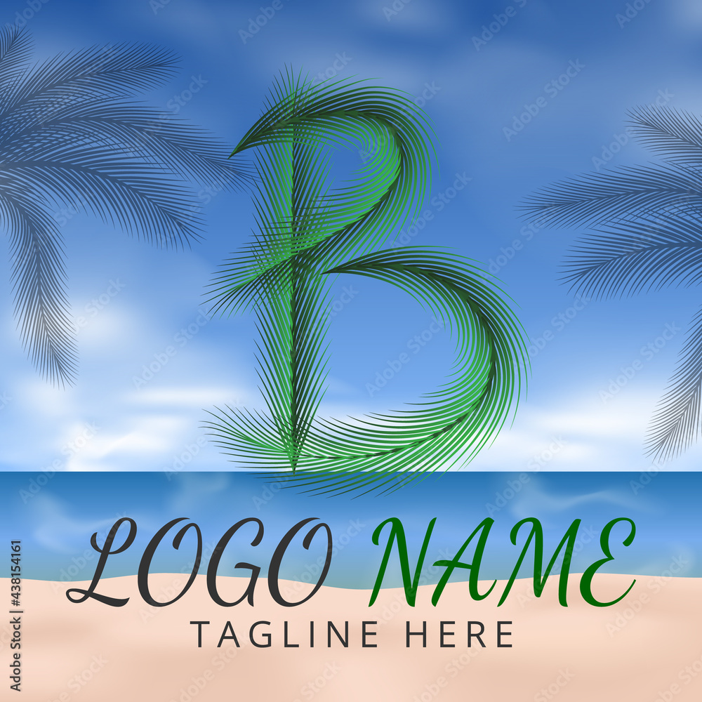 Letter B Logo Simbols Green tropical coconut leaf with creative summer concept and Beach Background 