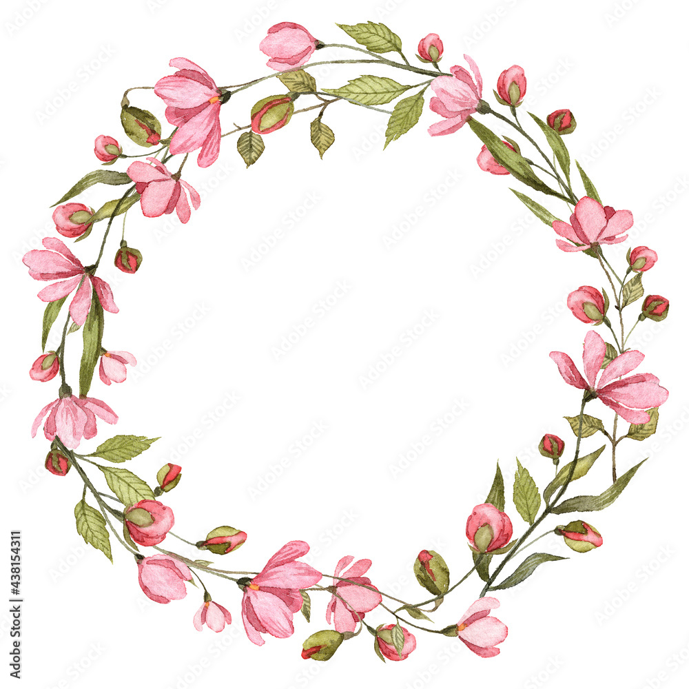 Circle floral frame with copy space in the center. Watercolor hand painted pink flowers
