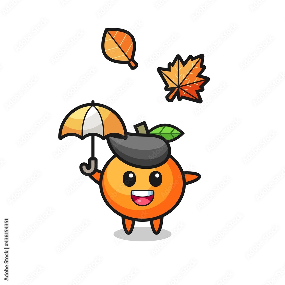 cartoon of the cute mandarin orange holding an umbrella in autumn cartoon of the cute mandarin orange holding an umbrella in autumn