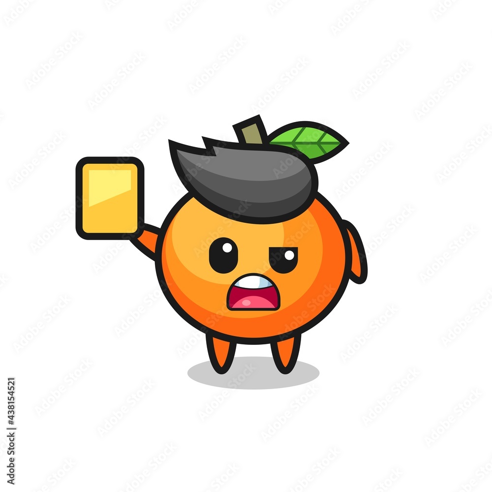 cartoon mandarin orange character as a football referee giving a yellow card