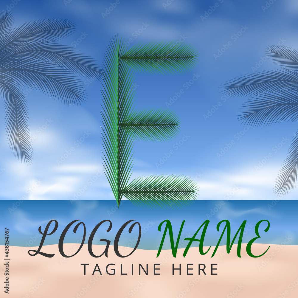 Obraz premium Letter E Logo Simbols Green tropical coconut leaf with creative summer concept and Beach Background 