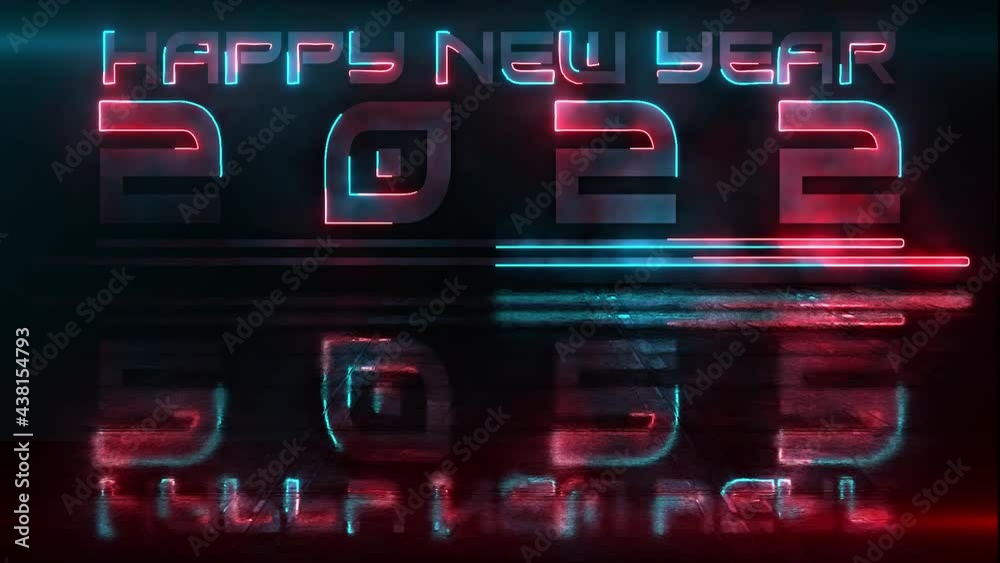 Happy New Year 2022 dynamic blue and red animated neon light effect and reflection for looping backgrounds, electronic signs and billboards on a textured floor surface against a black background    