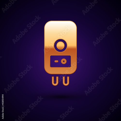 Gold Electric boiler for heating water icon isolated on black background. Vector