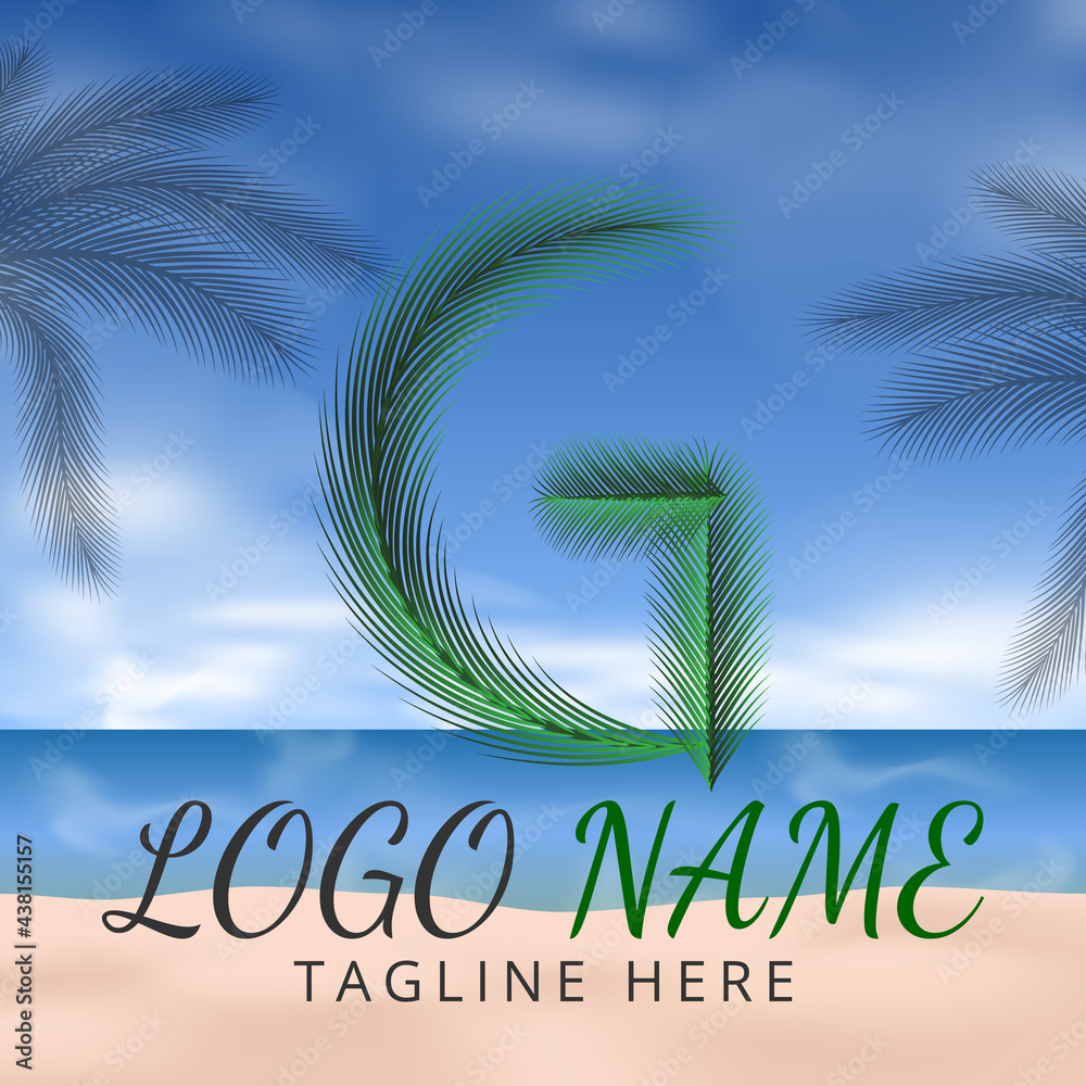 Letter G Logo Simbols Green tropical coconut leaf with creative summer concept and Beach Background 