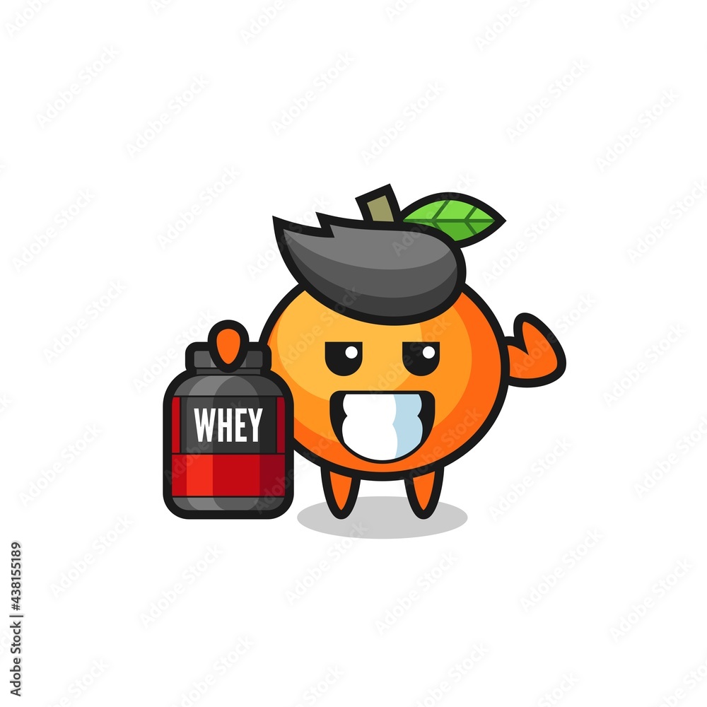the muscular mandarin orange character is holding a protein supplement the muscular mandarin orange character is holding a protein supplement