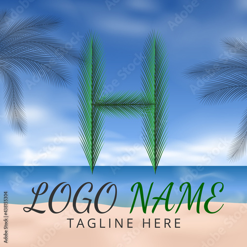 Letter H Logo Simbols Green tropical coconut leaf with creative summer concept and Beach Background 