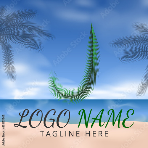 Letter J Logo Simbols Green tropical coconut leaf with creative summer concept and Beach Background 