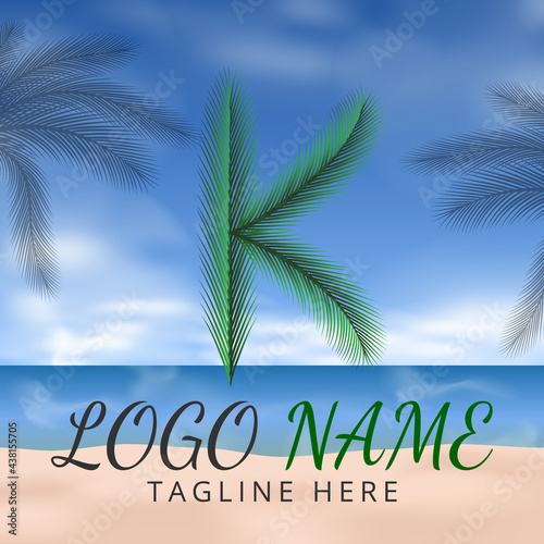 Letter K Logo Simbols Green tropical coconut leaf with creative summer concept and Beach Background 