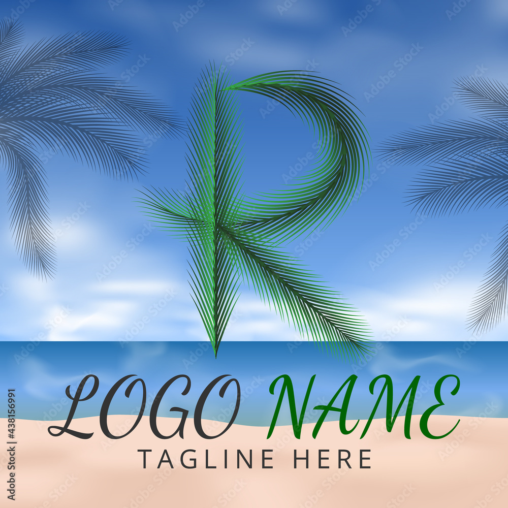 Letter R Logo Simbols Green tropical coconut leaf with creative summer concept and Beach Background 