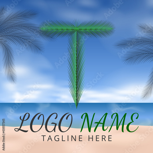 Letter T Logo Simbols Green tropical coconut leaf with creative summer concept and Beach Background 
