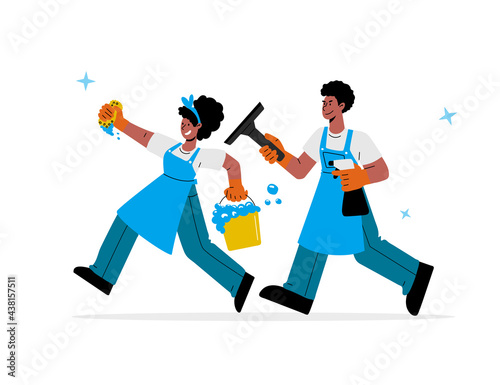 African-american male and female janitors in uniform with bucket and spray,washing squeegee run to cleanup.