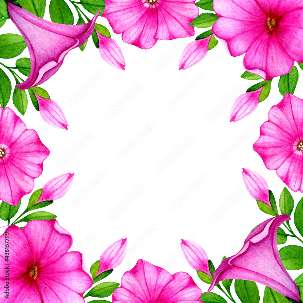 Summer square floral frame with watercolor pink petunia flowers and buds.Natural decorative template,on white background.