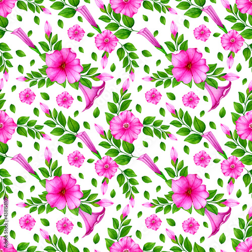 Summer seamless floral pattern with hand drawn watercolor pink petunias flowers buds and green leaves.On white  background.