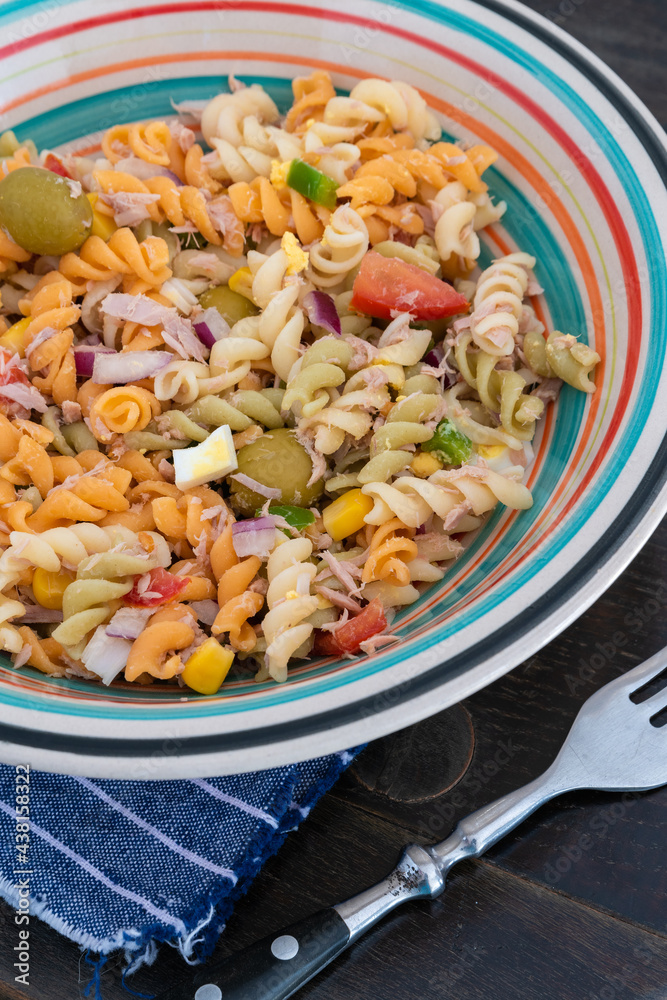 Pasta salad with tuna, egg, tomato, corn and olives Pasta salad with tuna, egg, tomato, corn and olives