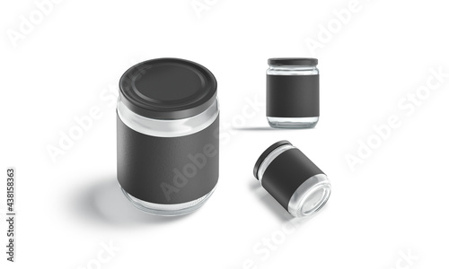 Blank glass jar black label and cap mockup, different views photo