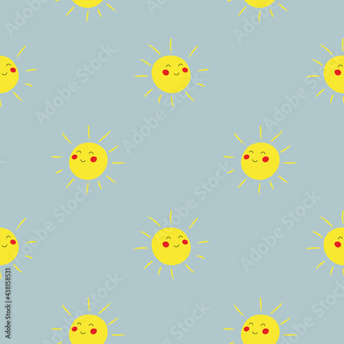 Smiling yellow sun with pink cheeks seamless pattern. Great for print for apparel  decoration  typography posters  cards  flyers  banners  baby wears. Kids vector background.