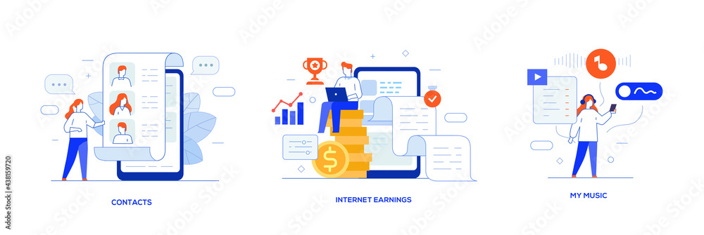 People use gadgets. set of icons, illustration. Smartphones tablets user interface social media.Flat illustration Icons infographics. Landing page site print poster. People use gadgets. set of icons, illustration. Smartphones tablets user interface social media.Flat illustration Icons infographics. Landing page site print poster.