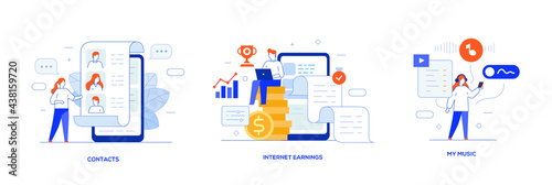 People use gadgets. set of icons, illustration. Smartphones tablets user interface social media.Flat illustration Icons infographics. Landing page site print poster.