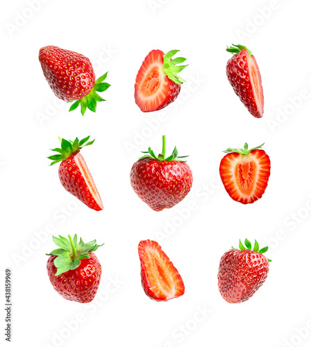 Ripe fresh red strawberry isolated on white background. Strawberry collection. Summer delicious sweet berry organic fruit, food, diet, vitamins, creative layout. Whole and chopped strawberries