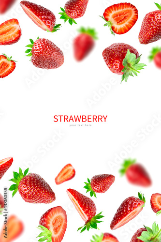 Ripe fresh flying red strawberry isolated on white background. Strawberry pattern. Summer delicious sweet berry organic fruit, food, diet, vitamins, creative layout. Whole and halved strawberries